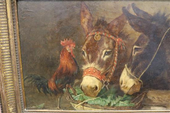 Antonio Milone (1834-1919), oil on panel, cockerel and donkey study, 19 x 29cm